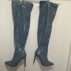 Glossy Slate Blue Over-the-Knee Stiletto Boots